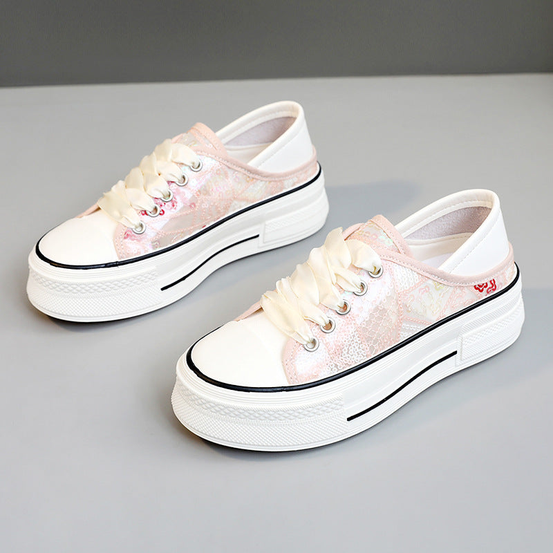 Damen modische Plateausneaker mit glänzenden Pailletten und elastischem Schnürsystem R&B