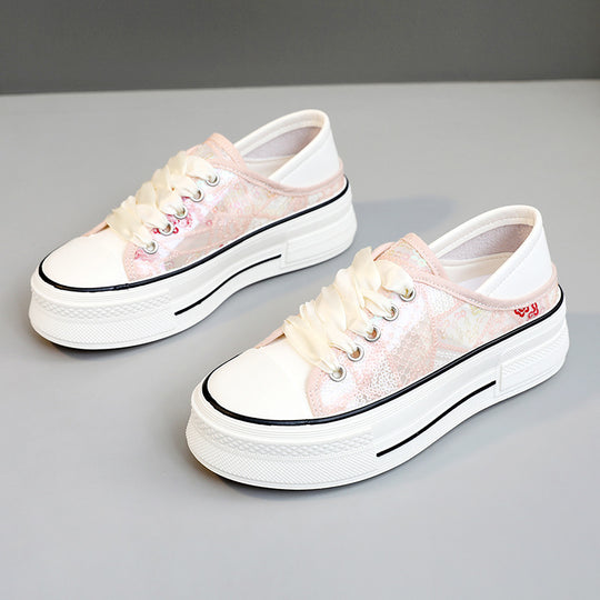 Damen modische Plateausneaker mit glänzenden Pailletten und elastischem Schnürsystem R&B