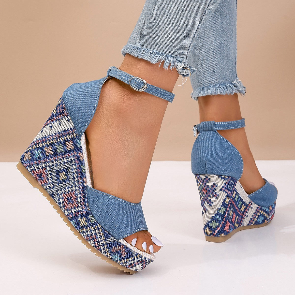 Damen Wedge-Pantoletten mit buntem Muster und elastischem Riemen R&B