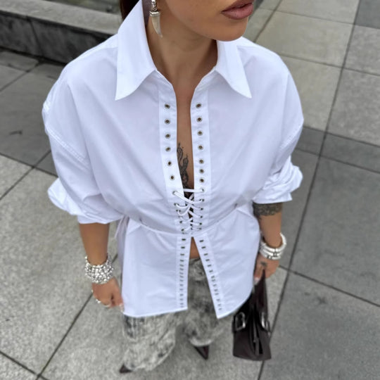 Damen Blusenshirt mit Rüschendesign und eleganter Schnürung R&B