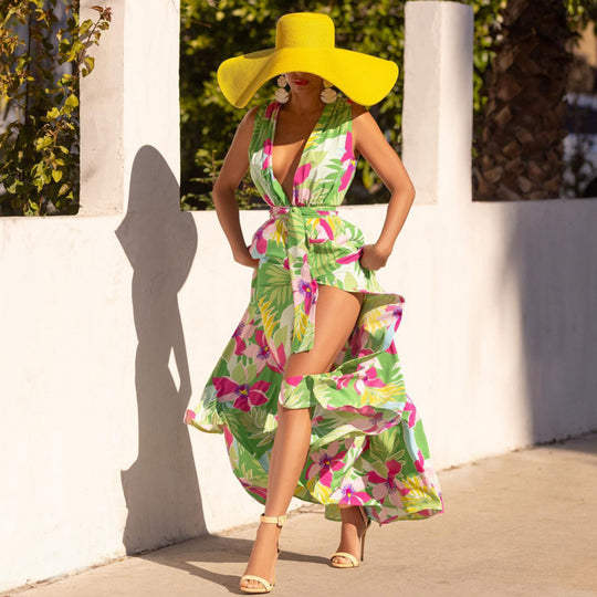 Damen Maxikleid mit tiefem V-Ausschnitt und elegantem Schlitz R&B