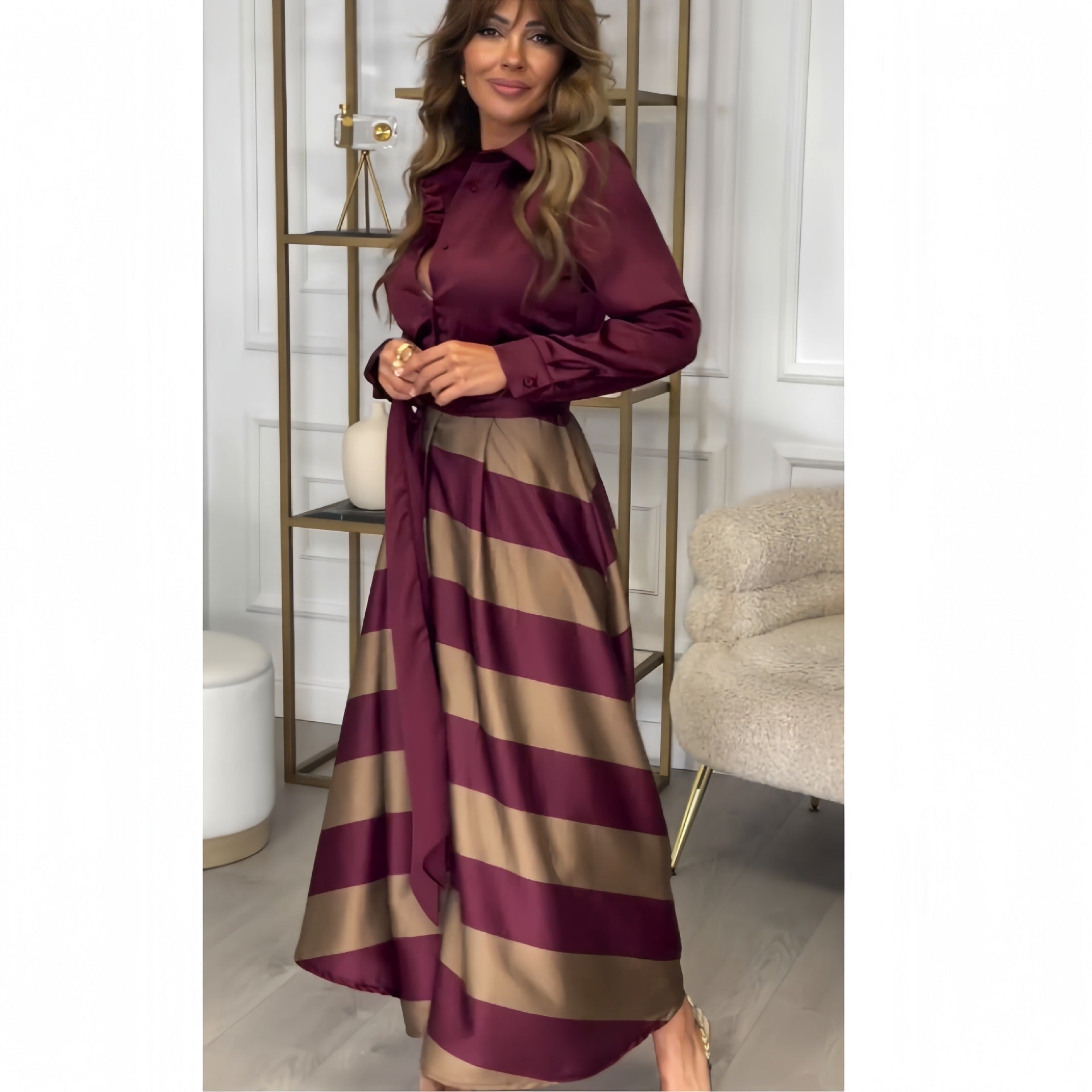 Damen Elegantes Blusenrock-Ensemble mit seitlichem Bindegürtel R&B