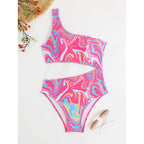 Damen One-Shoulder Bikini-Set mit buntem Muster und hohem Beinausschnitt R&B
