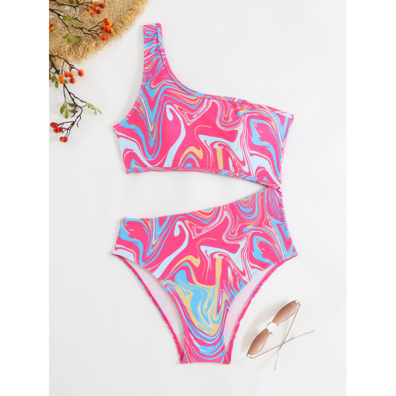 Damen One-Shoulder Bikini-Set mit buntem Muster und hohem Beinausschnitt R&B