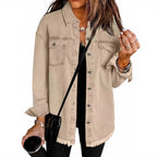 Damen Denim Overshirt mit fransigem Saum und Brusttaschen R&B