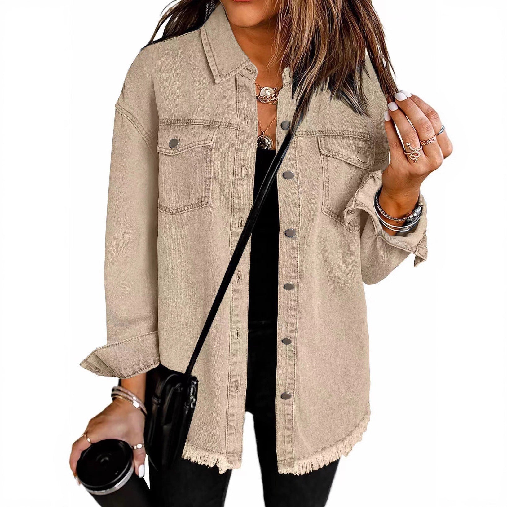 Damen Denim Overshirt mit fransigem Saum und Brusttaschen R&B