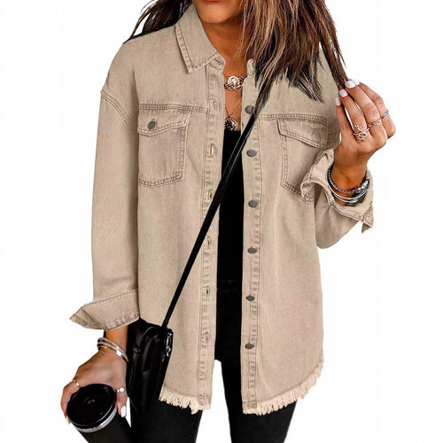 Damen Denim Overshirt mit fransigem Saum und Brusttaschen R&B