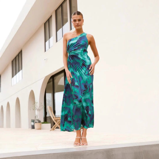 Damen Maxikleid mit asymmetrischem Schnitt und fließendem Faltenrock R&B