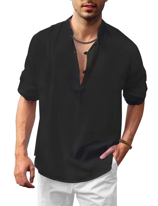 Herren lässiges Leinenhemd mit kurzes Arm und Knopfdetail R&B