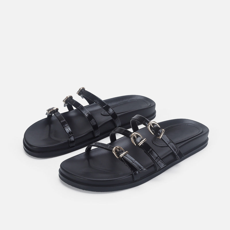 Damen Designer Zehentrenner-Sandalen mit dekorativem Riemendesign und komfortablem Fußbett R&B