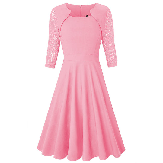 Damen Midi-Kleid mit Spitzenärmeln und schwingendem Rock R&B
