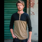 Herren Langarm-Henley-Shirt mit kontrastierenden Ärmeln und stilvollem Knopfdesign