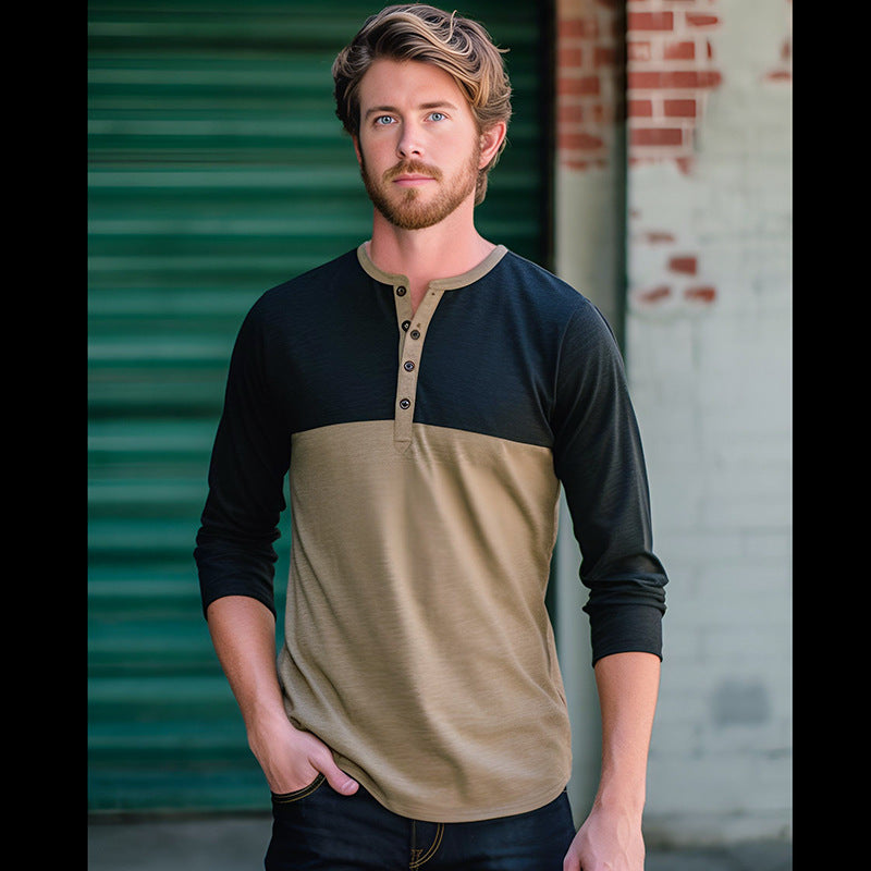 Herren Langarm-Henley-Shirt mit kontrastierenden Ärmeln und stilvollem Knopfdesign