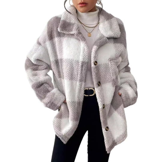 Damen Modische Plüschjacke im Karomuster R&B