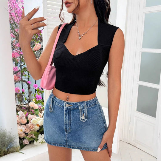 Damen figurbetontes Ripp-Crop-Top mit V-Ausschnitt und breiten Trägern R&B