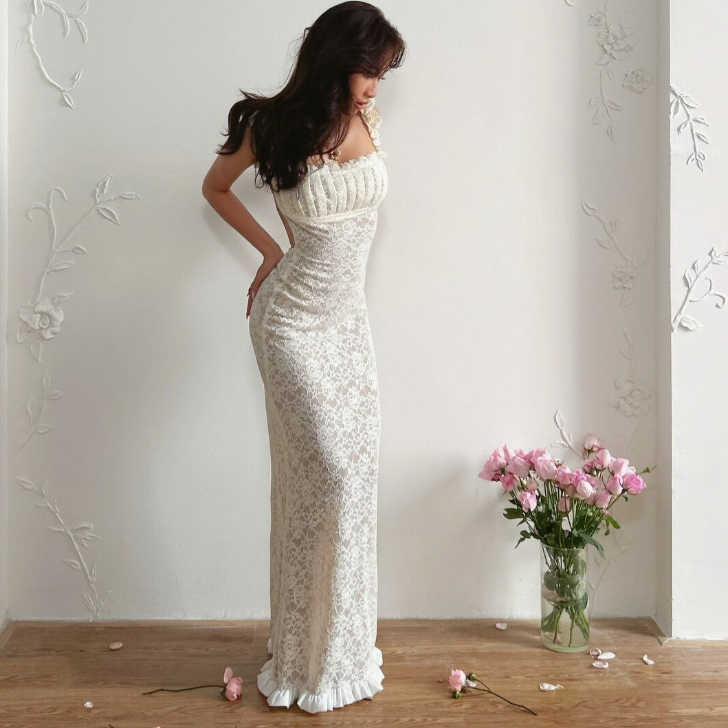 Damen Spitzen-Maxikleid mit Rüschendetails und elegantem Schnitt R&B