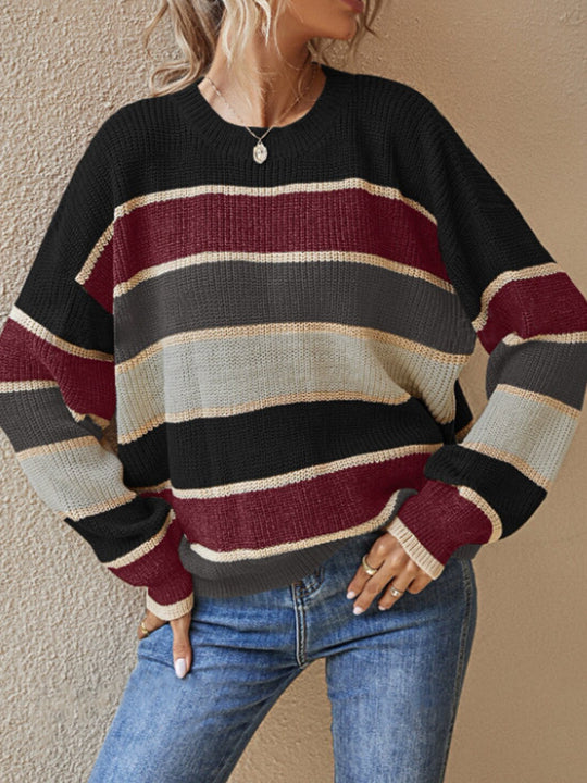 Damen lässiger Grobstrickpullover mit Farbblockmuster und weitem Schnitt R&B
