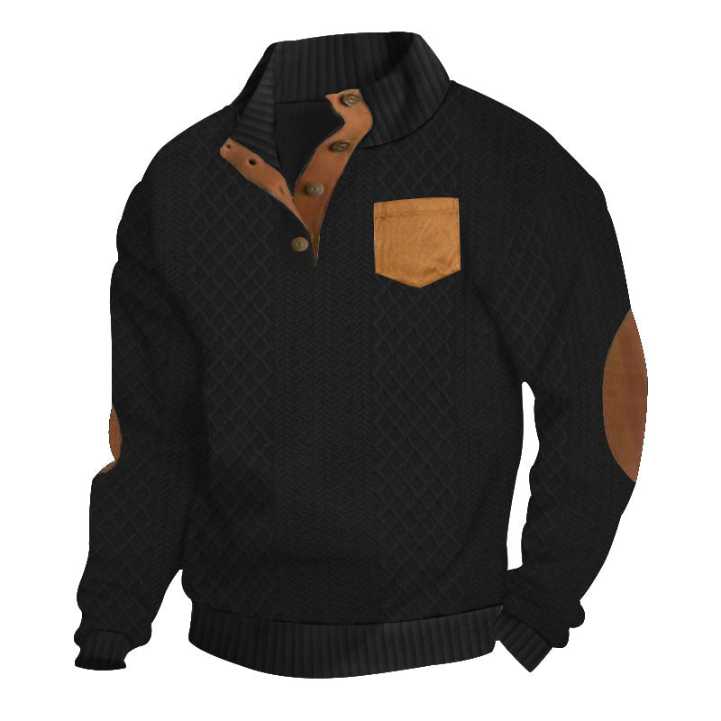 Herren nan Zopfmuster-Strickpullover mit Stehkragen Knopfleiste aufgesetzter Brusttasche und Lederoptik-Ellenbogenpatches R&B