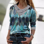 Damen modisches Langarmshirt mit V-Ausschnitt und dekorativen Knopfdetails R&B