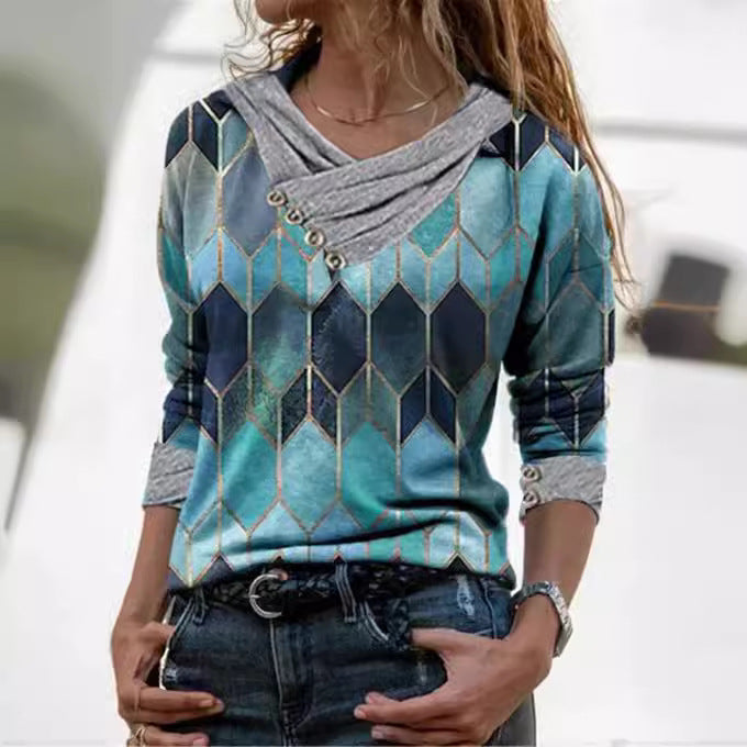 Damen modisches Langarmshirt mit V-Ausschnitt und dekorativen Knopfdetails R&B