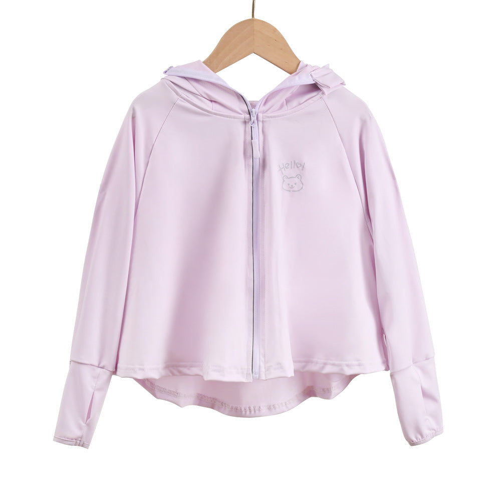 Damen nan leichte Kapuzen-Sonnenschutzjacke mit durchgehendem Reißverschluss, hohem Rückensaum und niedlichem Bärenprint  R&B