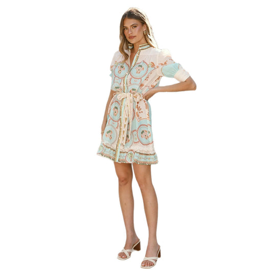 Damen Kurzarmkleid mit dekorativer Knopfleiste und verspieltem Volant R&B