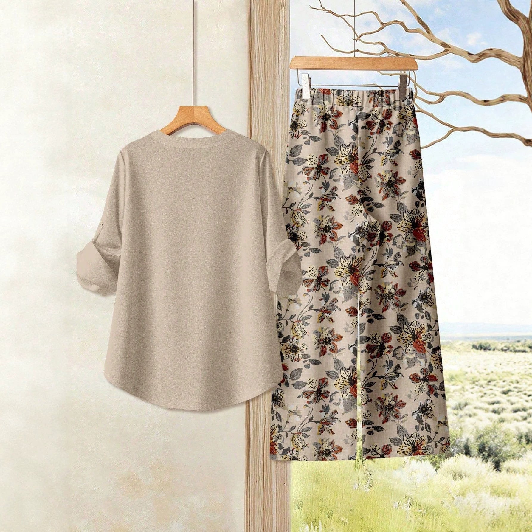 Damen Freizeitoberteil und Blumenhose R&B