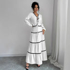 Damen Maxi-Kleid mit verspieltem Schnürungsausschnitt und elegantem Rüschenboden R&B