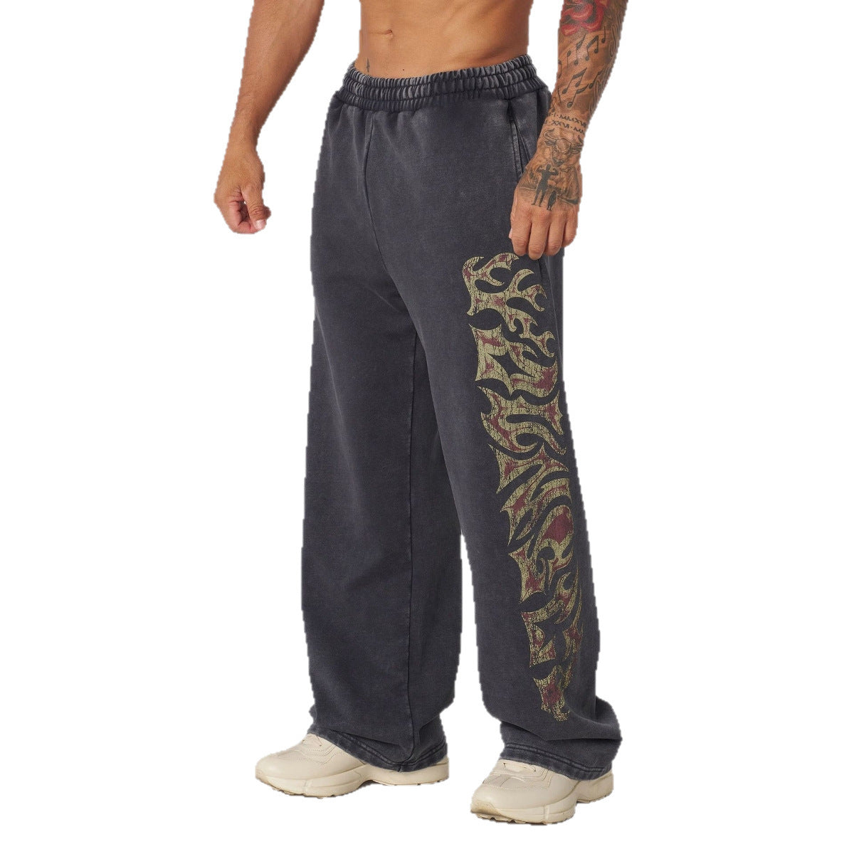 Herren nan weite Jogginghose mit elastischem Bund, Seitentaschen und detailreichem Schädel- und Rosenmotiv R&B