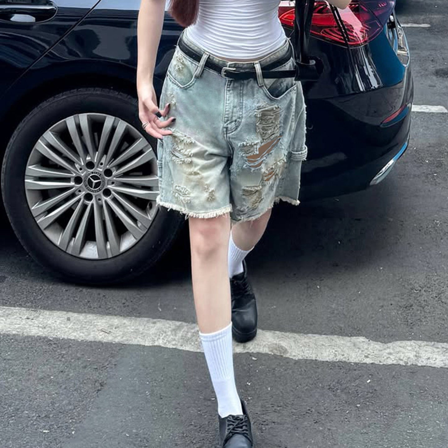 Damen Destroyed Denim-Shorts mit hohem Bund und ausgefransten Säumen R&B