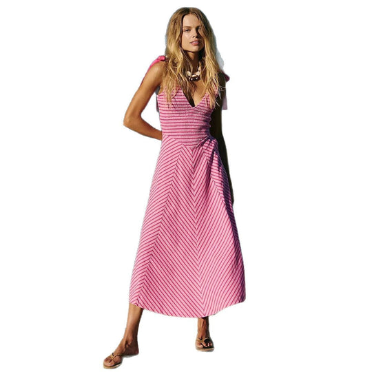 Damen Maxi-Sommerkleid mit verspielten Trägern und elegantem V-Ausschnitt R&B