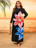 Damen Maxikleid mit langen Ärmeln und floralem Druck R&B