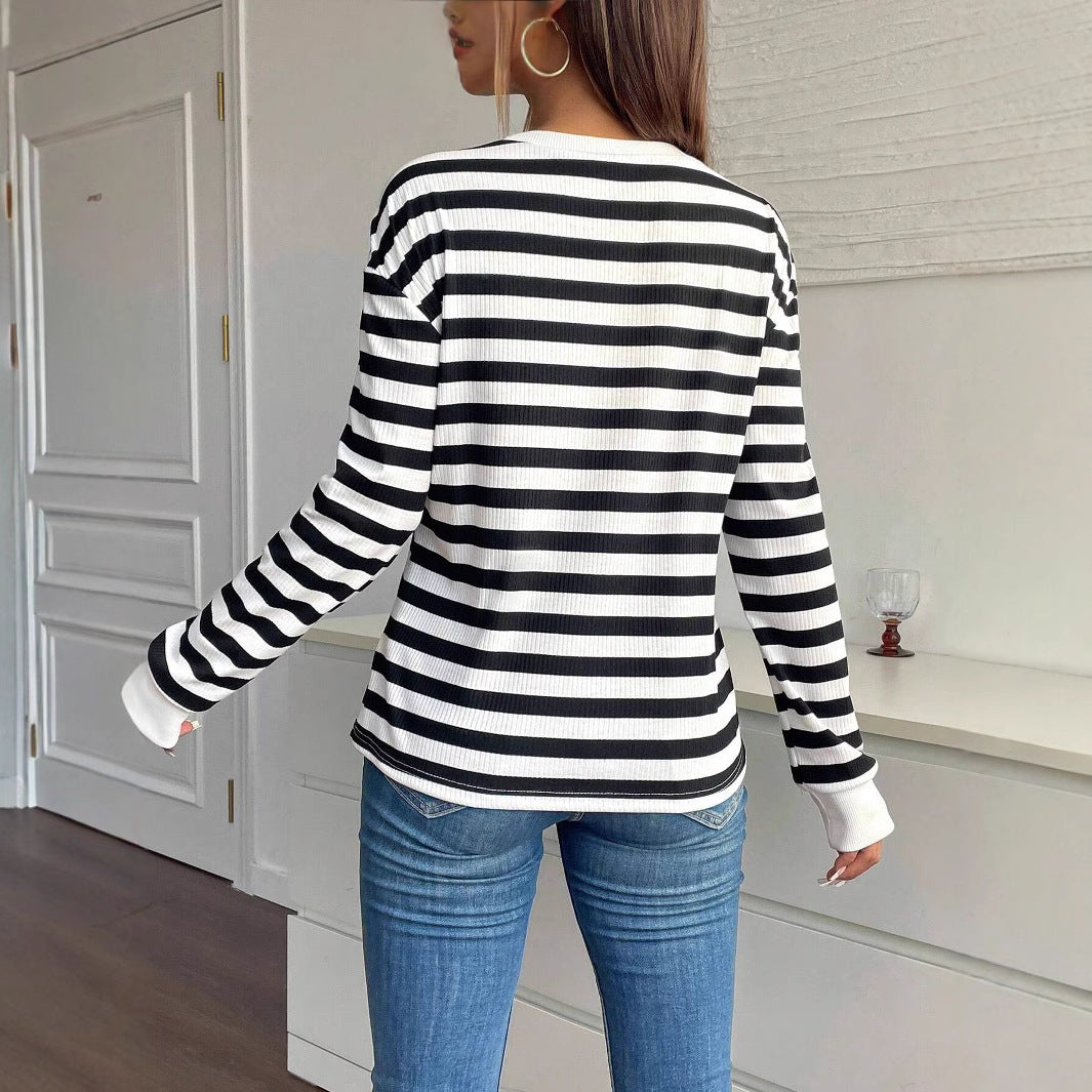 Damen nan gestreiftes Ripp-Langarmshirt mit dreidimensionaler Blumenapplikation und Rundhals R&B