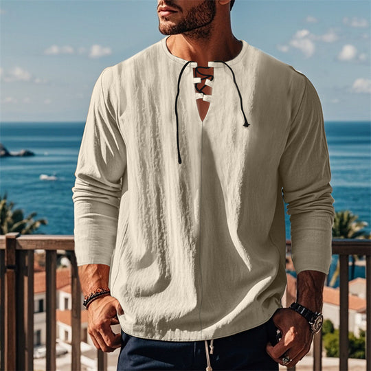 Herren modisches Langarmshirt mit Schnürung und V-Ausschnitt R&B