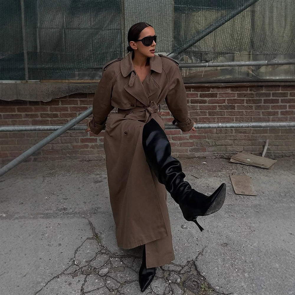 Damen eleganter Trenchcoat mit Taillengürtel und hochgeschlossenem Kragen R&B