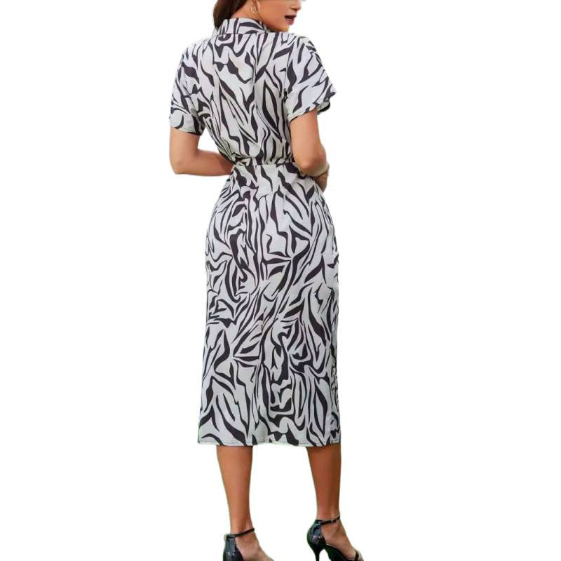 Damen Knotenkleid mit modischem Zebra-Print und schickem Hemdkragen R&B