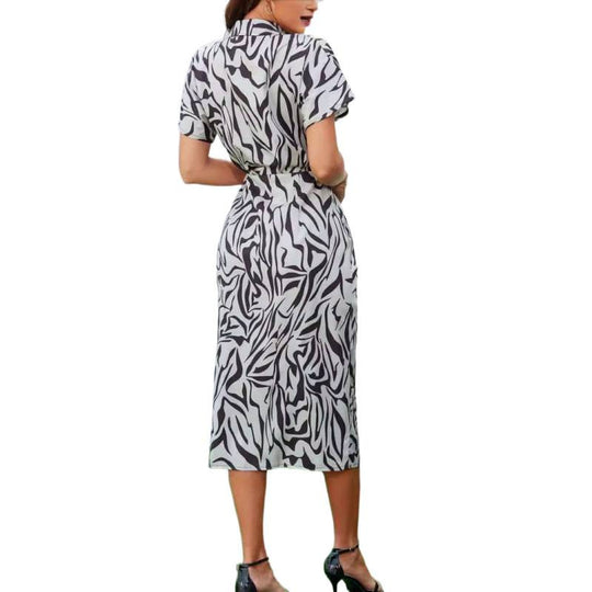 Damen Knotenkleid mit modischem Zebra-Print und schickem Hemdkragen R&B