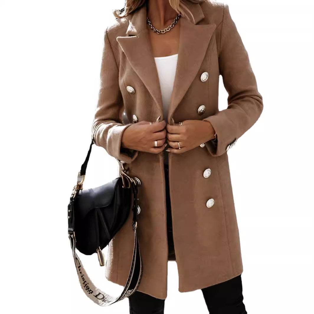 Damen Eleganter und warmer Wollmantel mit doppelter Knopfreihe R&B