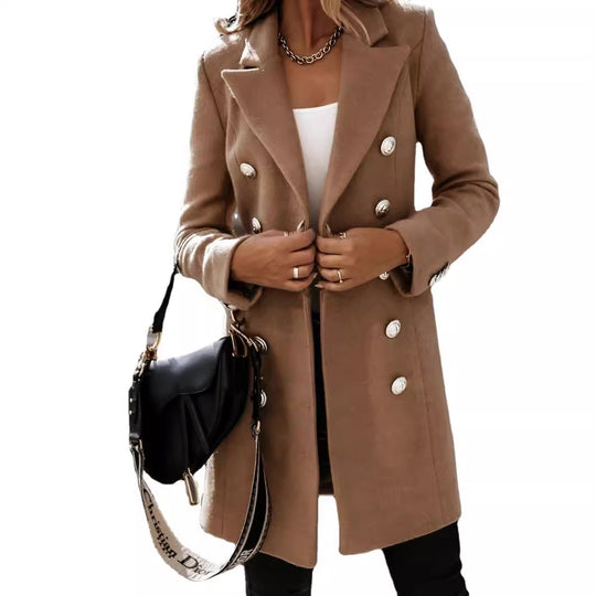 Damen Eleganter und warmer Wollmantel mit doppelter Knopfreihe R&B