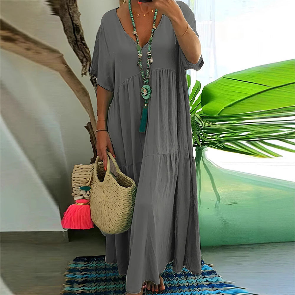 Damen luftiges Boho-Maxikleid mit schwingendem Saum und tiefem V-Ausschnitt R&B