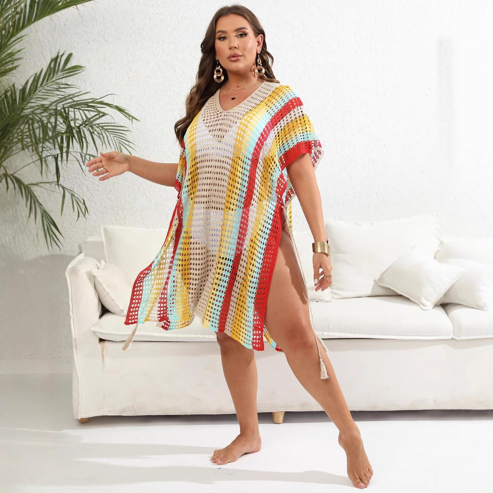 Damen luftiger Häkel-Strandponcho mit modischen Fransen R&B