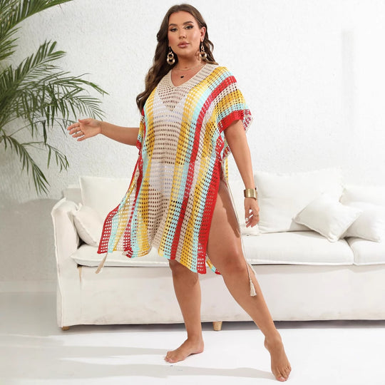 Damen luftiger Häkel-Strandponcho mit modischen Fransen R&B