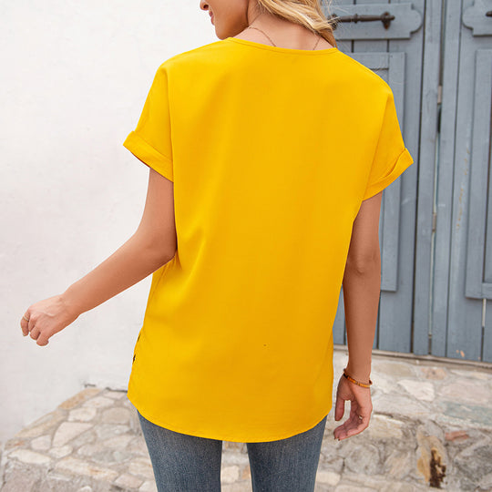 Damen elegantes V-Ausschnitt Bluse mit Falten und seitlichen Schlitzen R&B