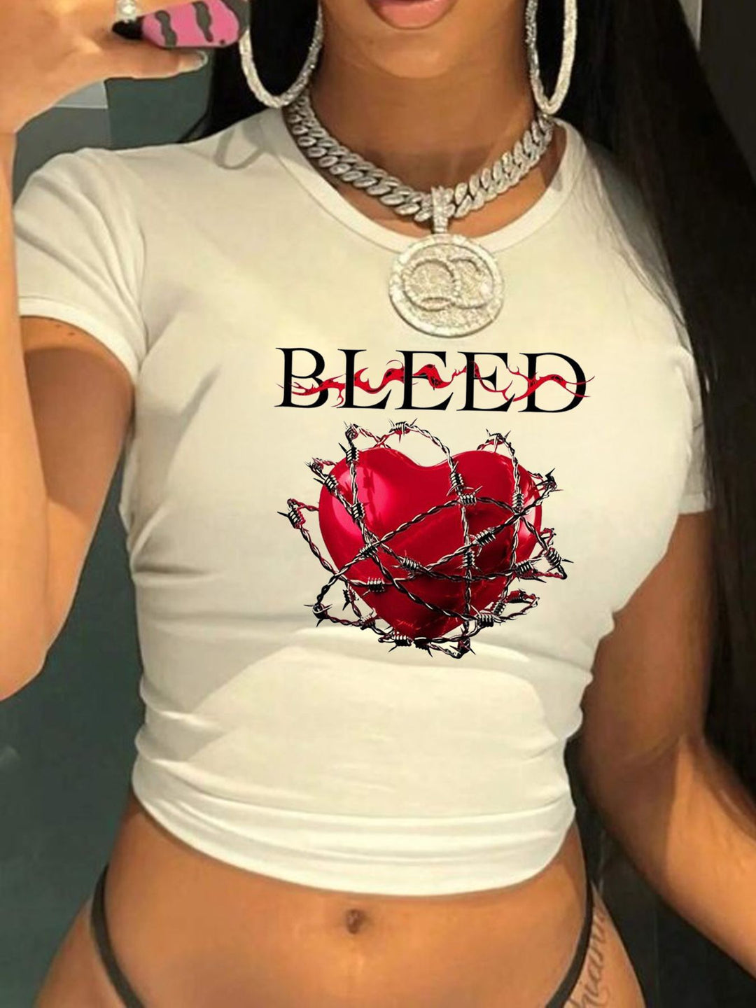 Damen Crop-T-Shirt mit kreativem Telefon-Design R&B