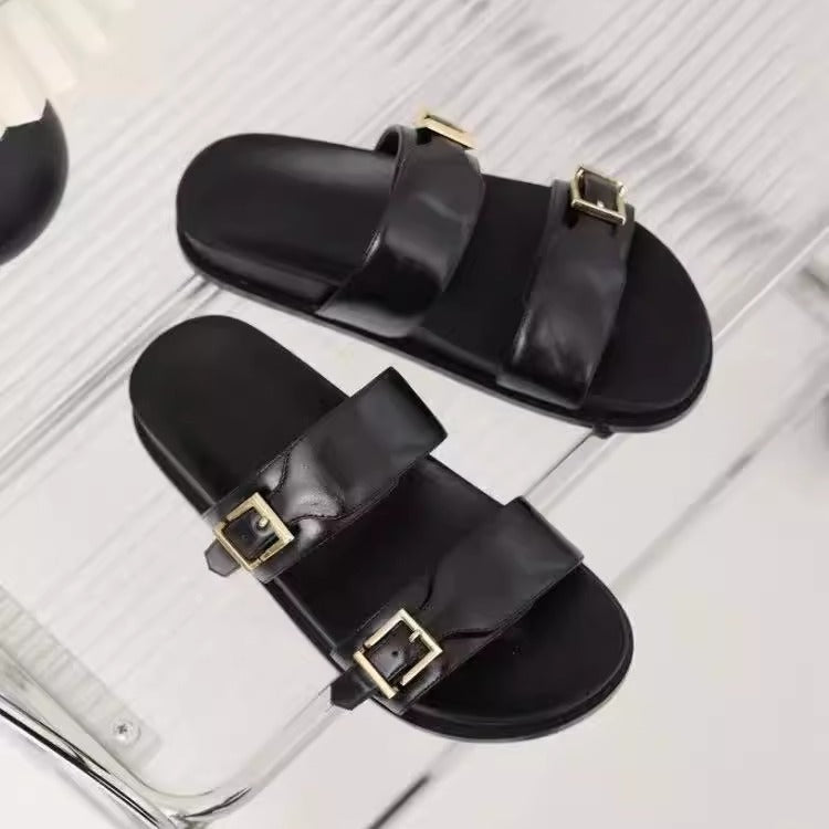 Damen modische Sandalen mit doppeltem Riemendesign und goldenen Schnallen R&B