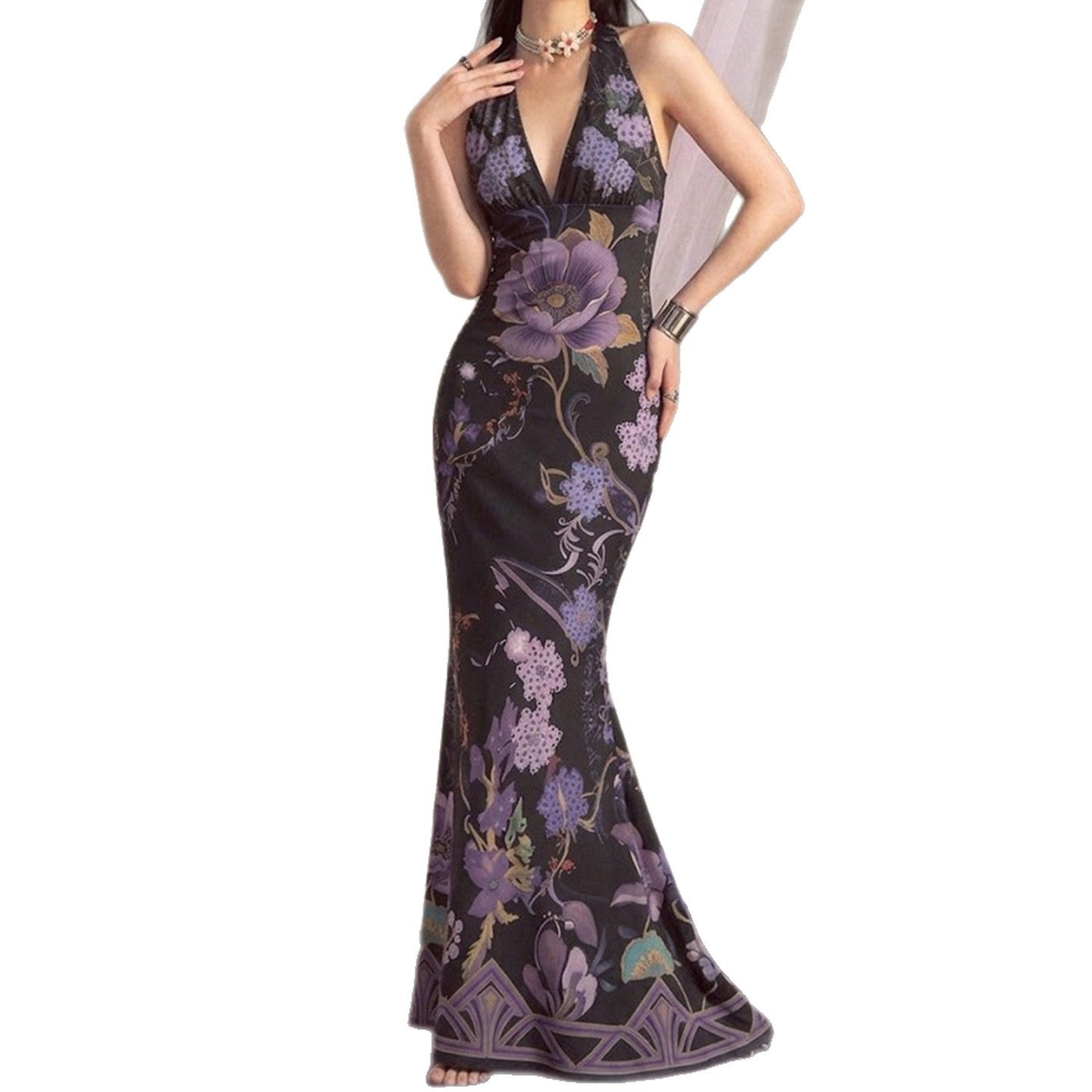 Damen Elegantes Maxikleid mit floralem Design und tiefem V-Ausschnitt R&B