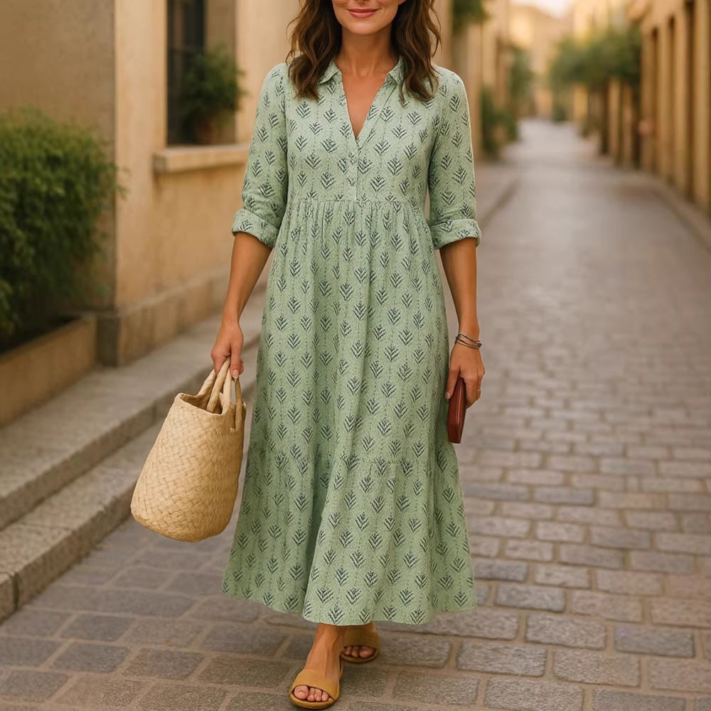 Damen Maxikleid mit elegantem Kragen und floralen Mustern R&B