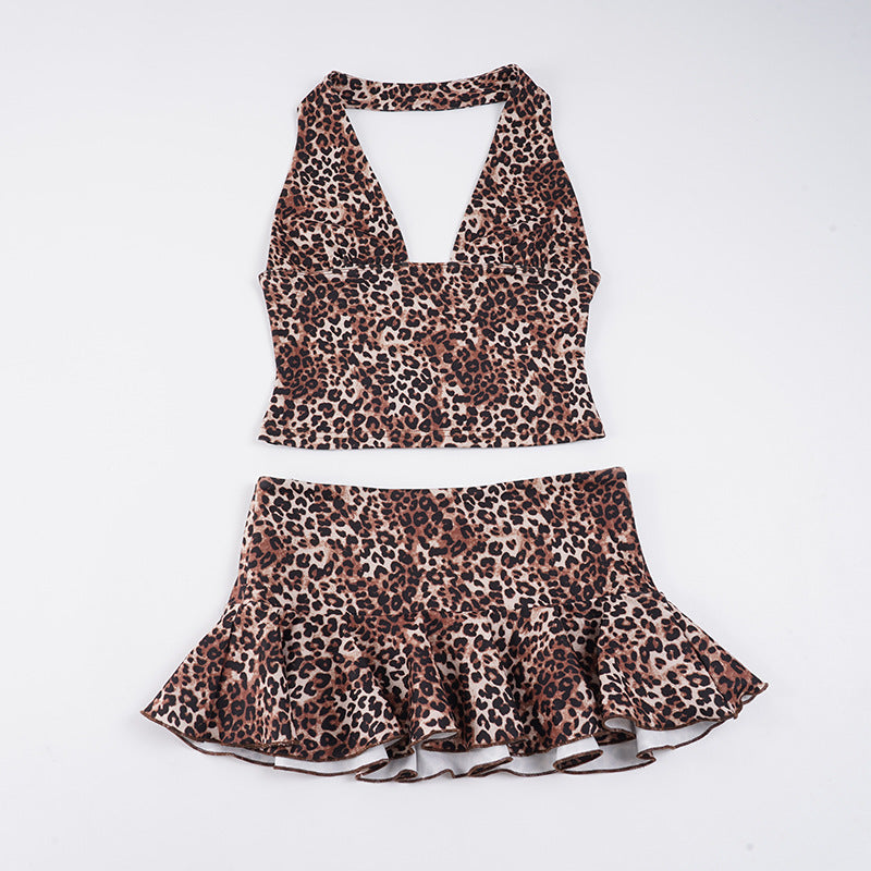 Damen Badeanzug Set mit Leopardenmuster und verführerischer Rüsche R&B