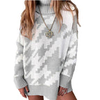 Damen Grobstrickpullover mit hohem Kragen und modernem geometrischen Muster R&B