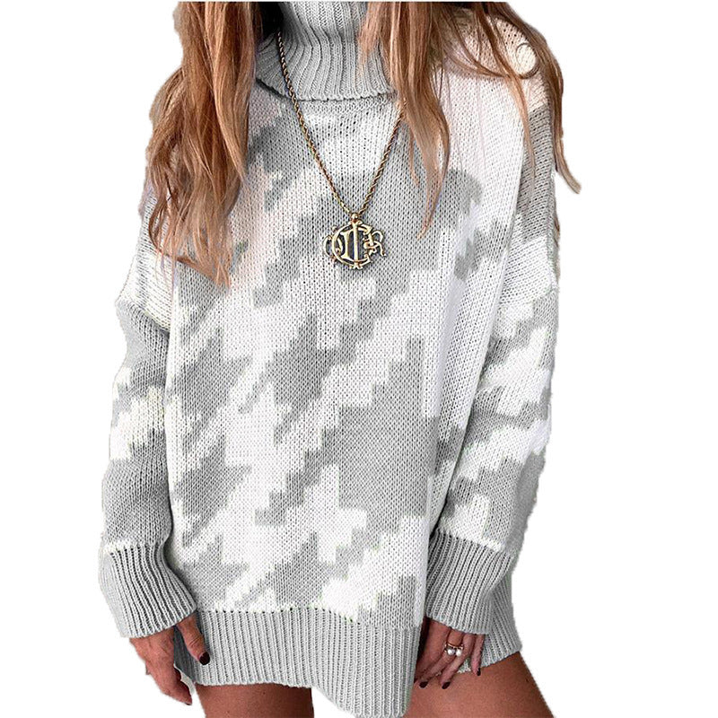Damen Grobstrickpullover mit hohem Kragen und modernem geometrischen Muster R&B